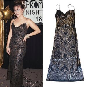 90s Black Gold Glitter Cowl Neck Fitted Maxi Slip Dress Medium *Fits like Small
